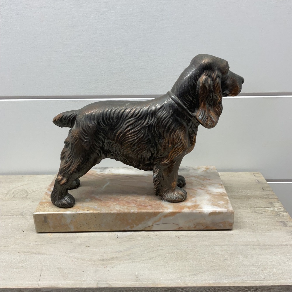 Vintage Bronze Tone Spaniel Dog Statue on Polished Marble Base Figurine